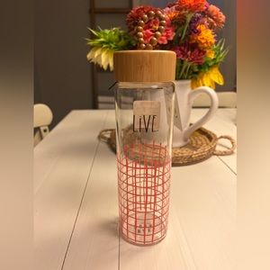 Rae Dunn 2017 LIVE glass water bottle with bamboo beaded lid